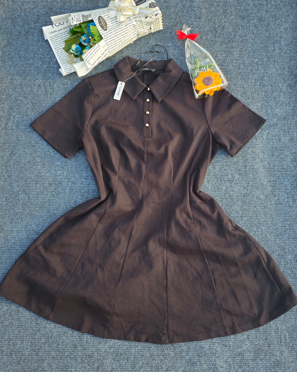 Elegant Black Collared Flare Dress